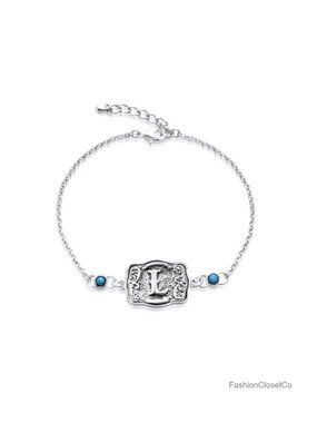 Sterling Silver Plated Western Belt Buckle Initial Bracelet with Genuine